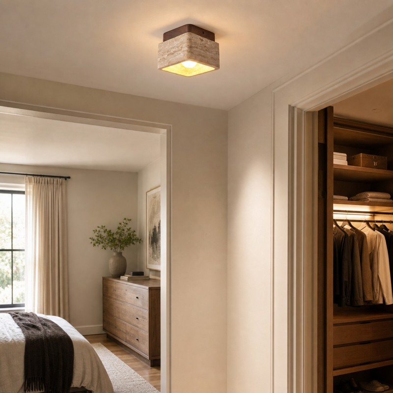 Stella Wabi Sabi Square Travertine Wood Mount Ceiling Light