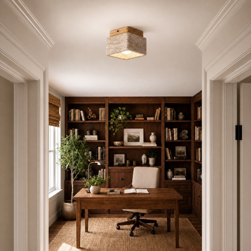 Stella Wabi Sabi Square Travertine Wood Mount Ceiling Light