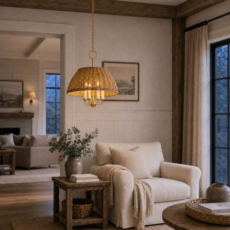 Margaret Minimalist Natural 4-Light Dome Rattan Brass Pendant Light