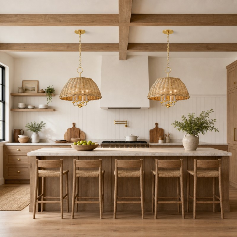 Margaret Minimalist Natural 4-Light Dome Rattan Brass Pendant Light