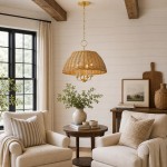 Margaret Minimalist Natural 4-Light Dome Rattan Brass Pendant Light