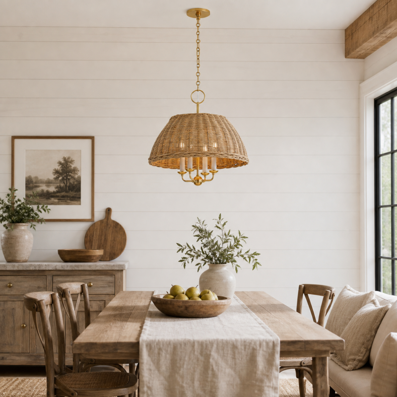 Margaret Minimalist Natural 4-Light Dome Rattan Brass Pendant Light