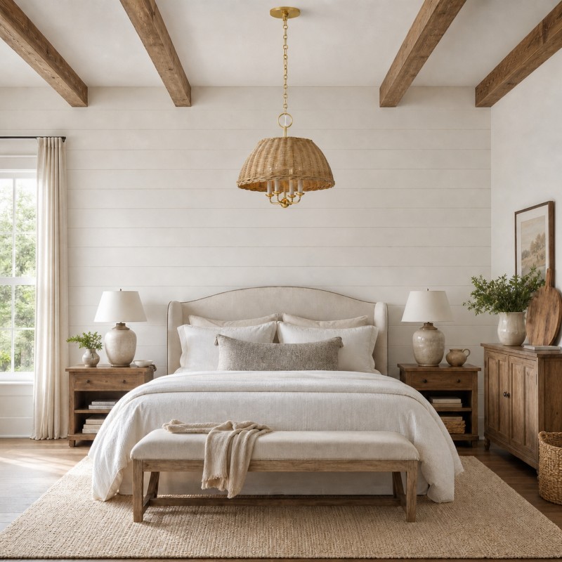 Margaret Minimalist Natural 4-Light Dome Rattan Brass Pendant Light