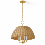 Margaret Minimalist Natural 4-Light Dome Rattan Brass Pendant Light