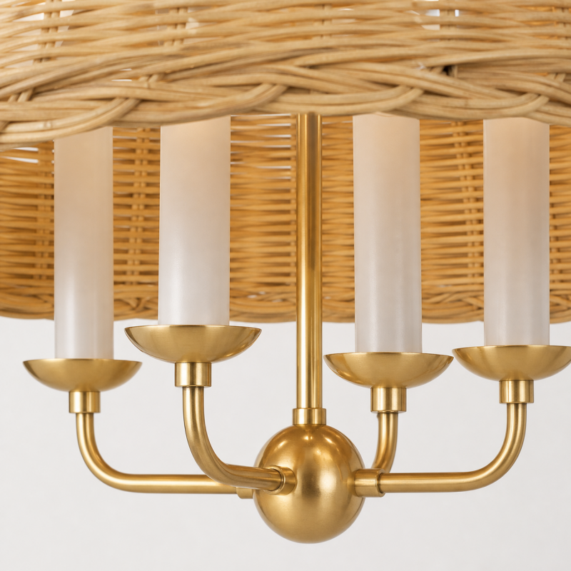 Margaret Minimalist Natural 4-Light Dome Rattan Brass Pendant Light