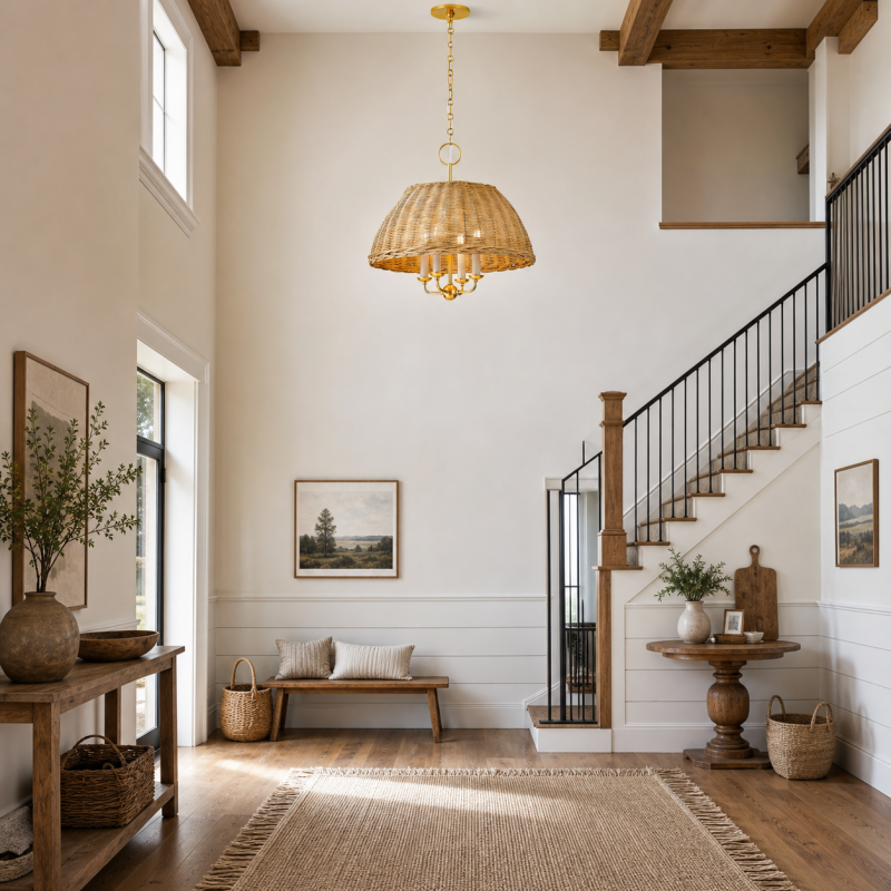 Margaret Minimalist Natural 4-Light Dome Rattan Brass Pendant Light