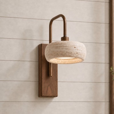 Elliot Wabi Sabi Travertine Wood Cylinder Wall Light