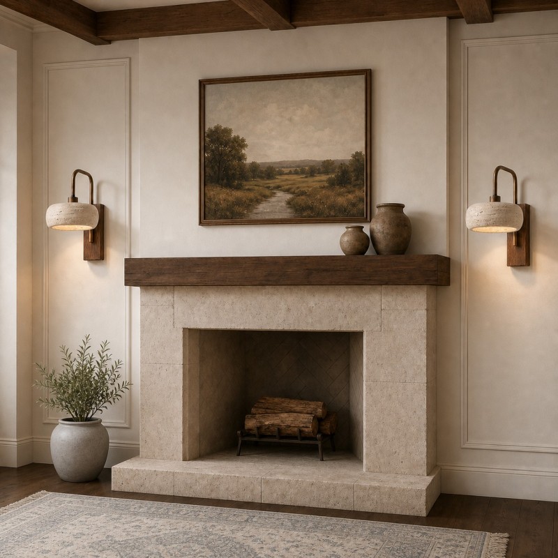 Elliot Wabi Sabi Travertine Wood Cylinder Wall Light