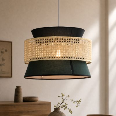 Lyzar Rustic Tiered Rattan Fabric Pendant Light