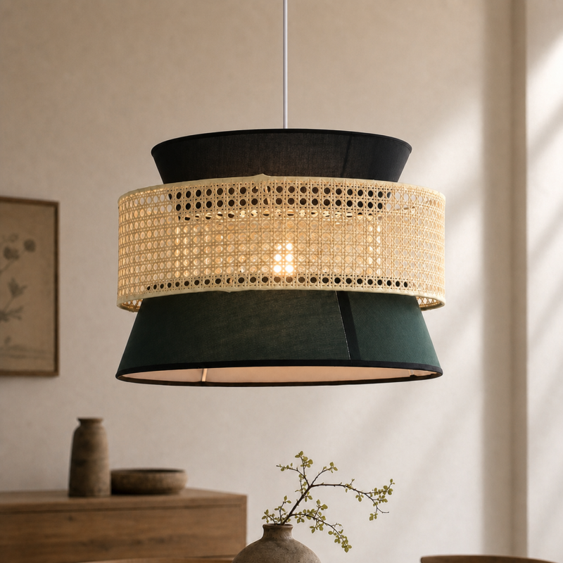 Lyzar Rustic Tiered Rattan Fabric Pendant Light