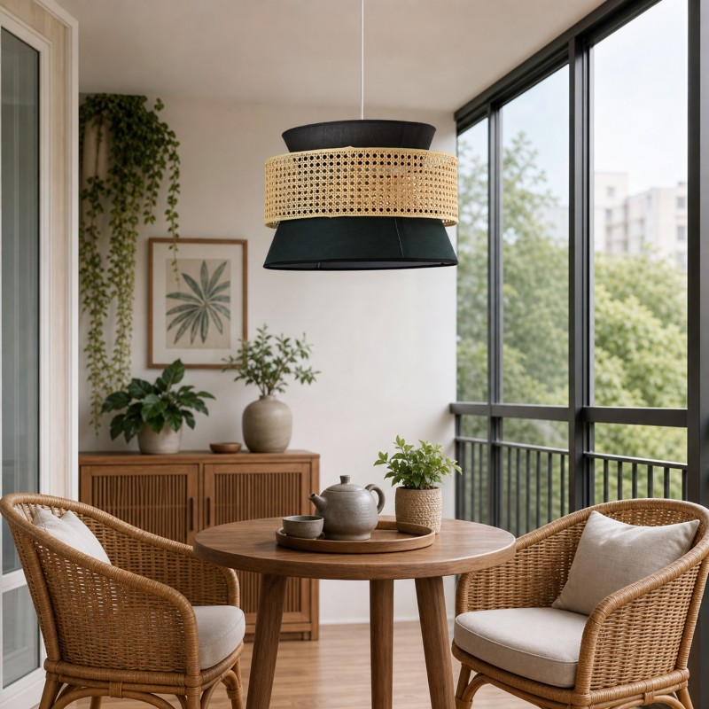 Lyzar Rustic Tiered Rattan Fabric Pendant Light