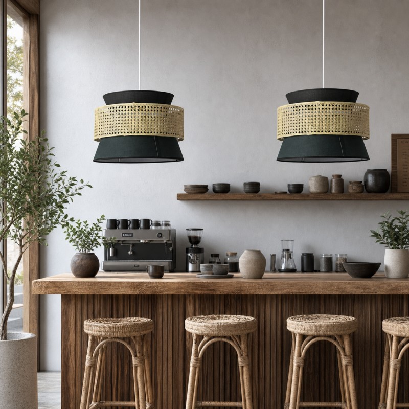 Lyzar Rustic Tiered Rattan Fabric Pendant Light
