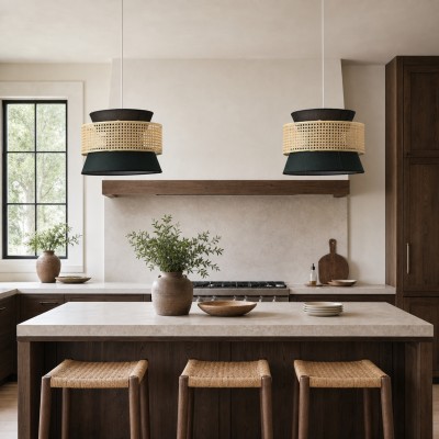 Lyzar Rustic Tiered Rattan Fabric Pendant Light