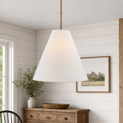 Felix Antique Brass-Finish White Fabric Cone Pendant Light