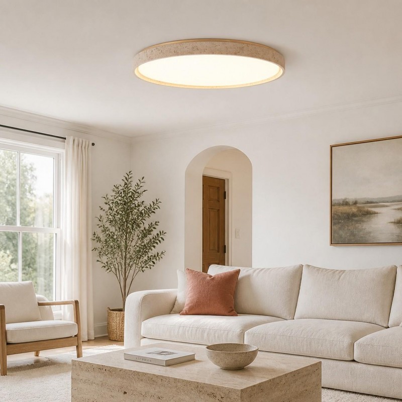 Veyran Modern LED Travertine Drum Flush Mount Ceiling Light