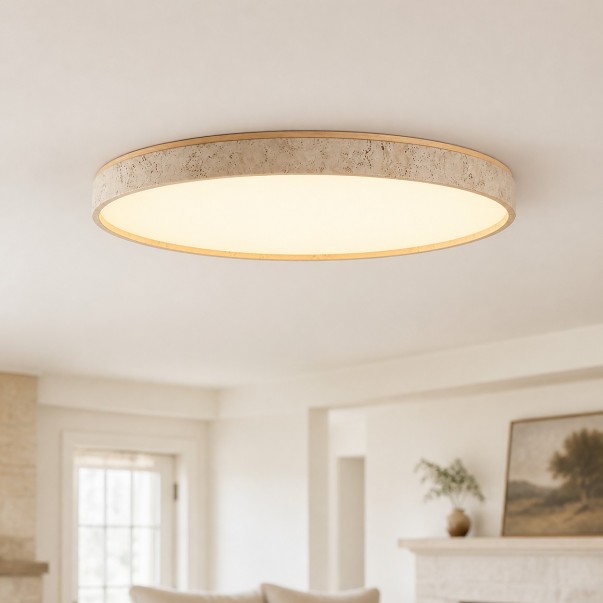 Veyran Modern LED Travertine Drum Flush Mount Ceiling Light
