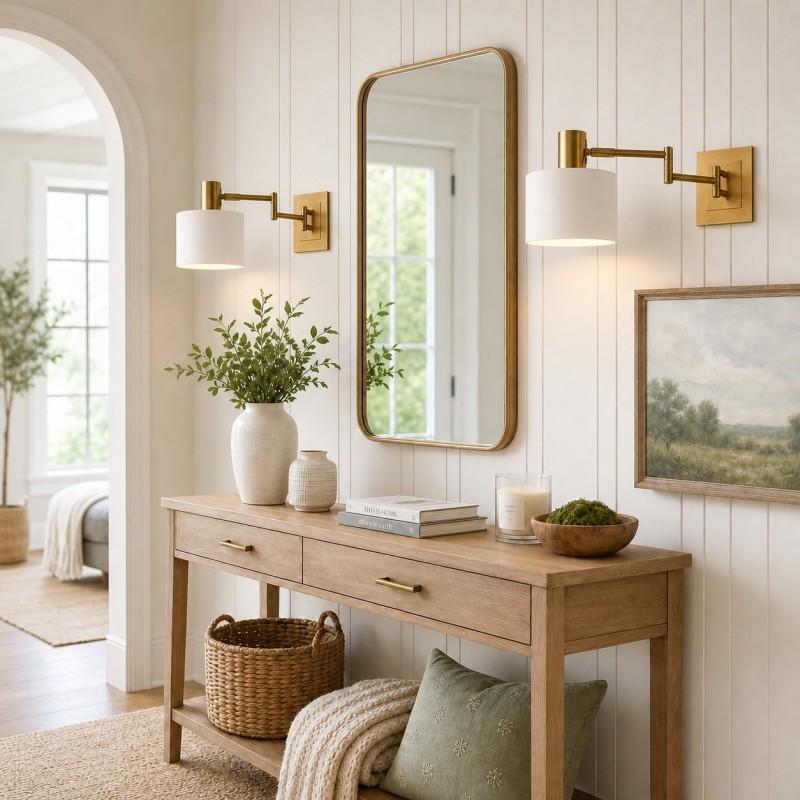 Aura Elegant Brass Swing Arm Porcelain Wall Sconce