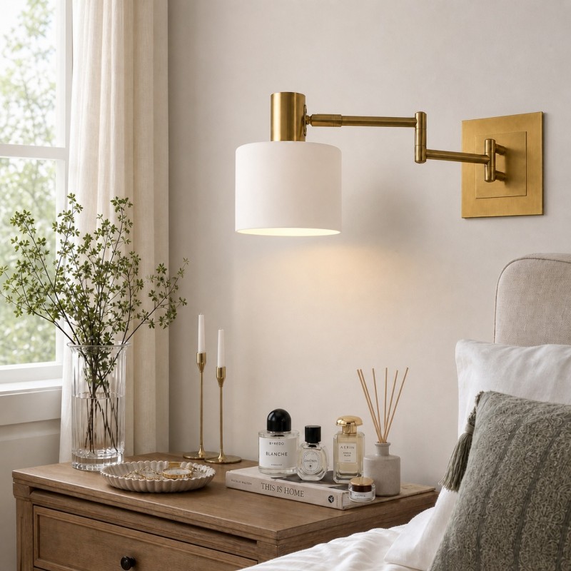 Aura Elegant Brass Swing Arm Porcelain Wall Sconce