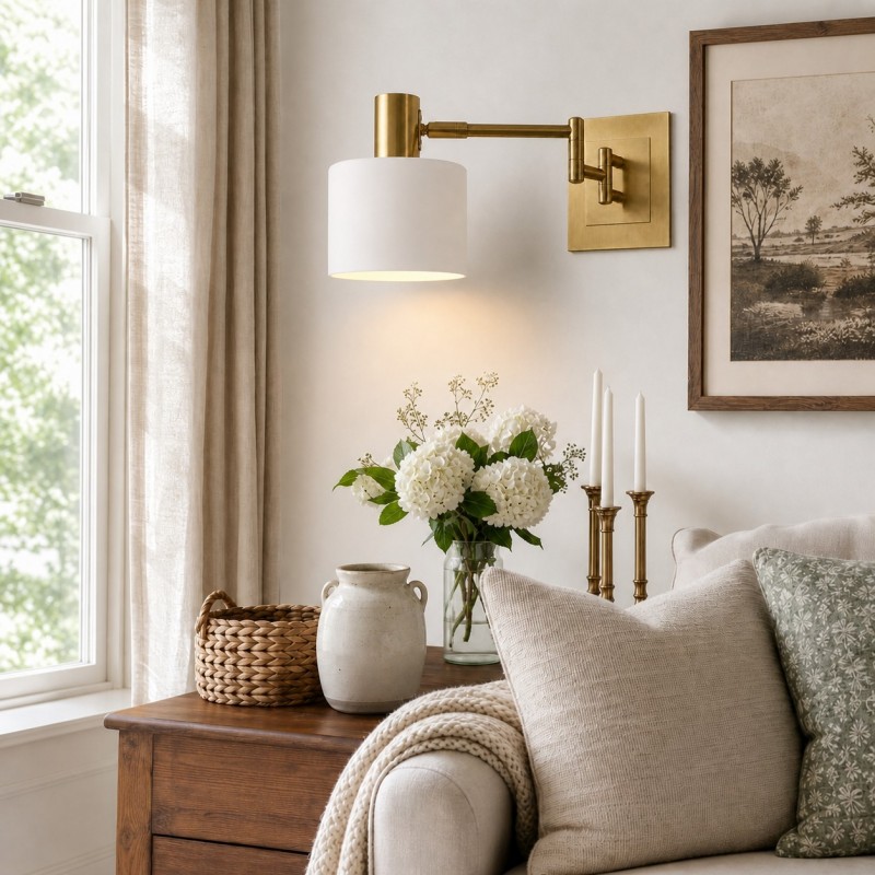 Aura Elegant Brass Swing Arm Porcelain Wall Sconce