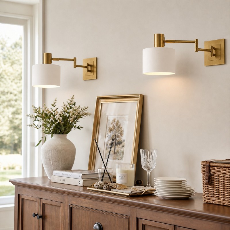 Aura Elegant Brass Swing Arm Porcelain Wall Sconce