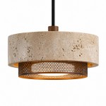 Calista Contemporary Travertine Metal Mesh Drum Pendant Light