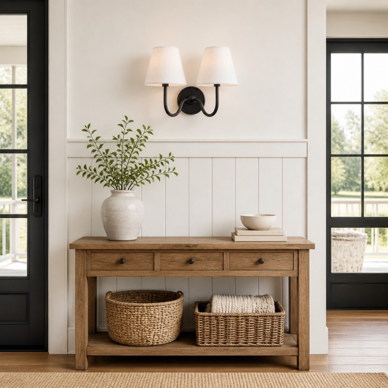 Stefania Rustic White Pleated Fabric Shade Sconce