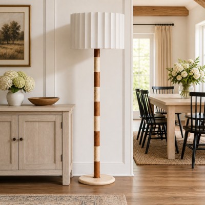 Owen Modern Pleated Fabric Striped Travertine Floor Lamp