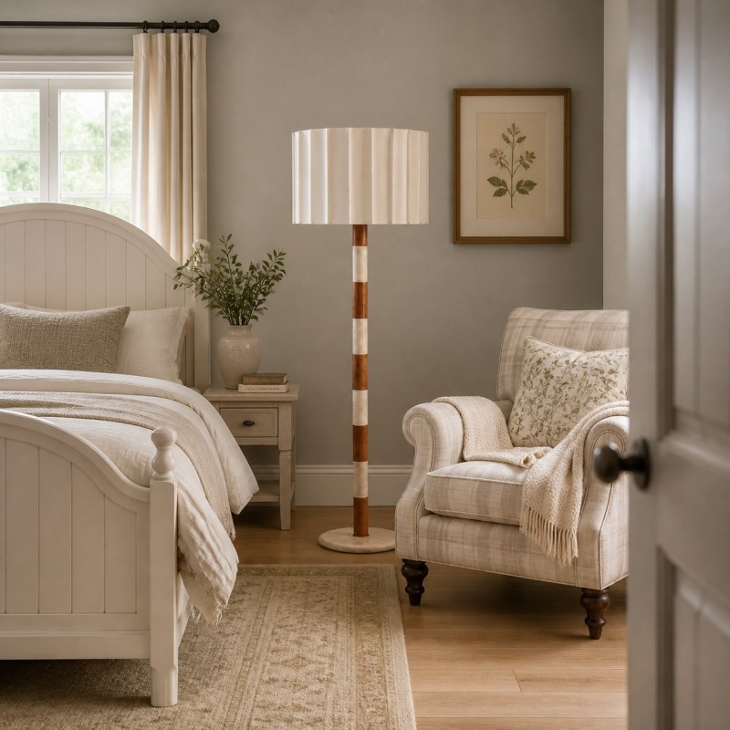 Owen Modern Pleated Fabric Striped Travertine Floor Lamp