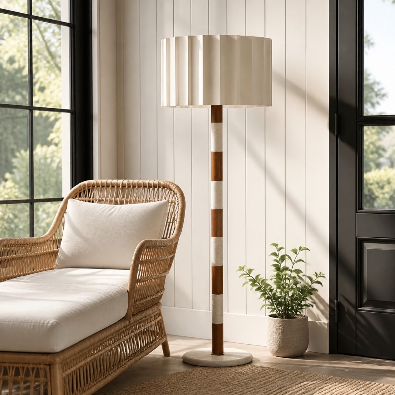 Owen Modern Pleated Fabric Striped Travertine Floor Lamp