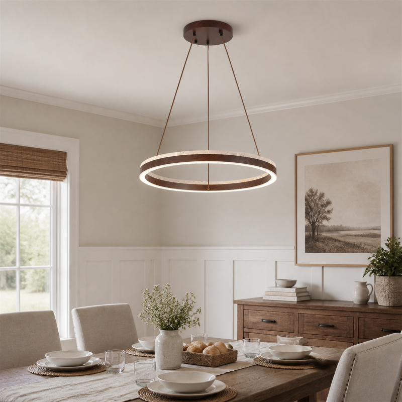Caelan Modern LED Travertine Wood Ring Chandelier