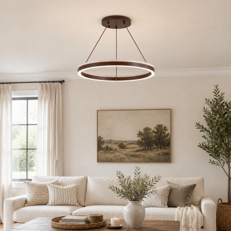 Caelan Modern LED Travertine Wood Ring Chandelier