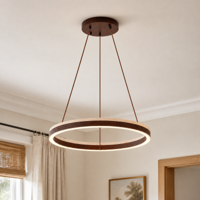 Caelan Modern LED Travertine Wood Ring Chandelier