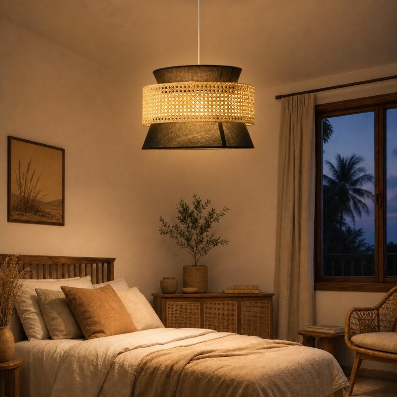 Lyzar Rustic Tiered Rattan Fabric Pendant Light