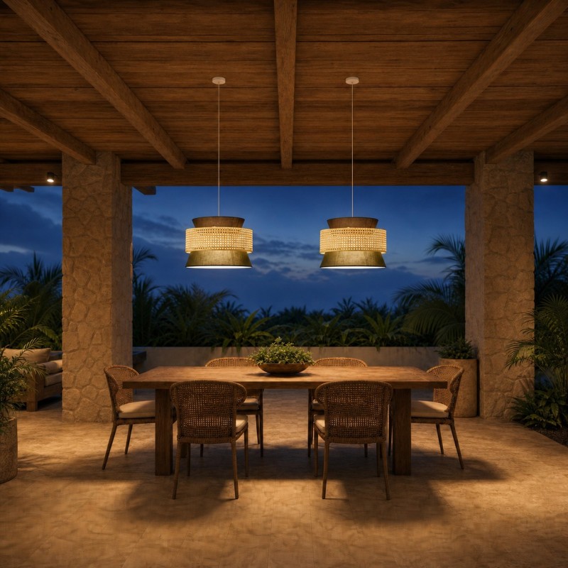 Lyzar Rustic Tiered Rattan Fabric Pendant Light