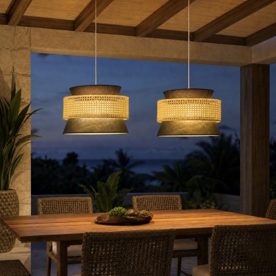 Lyzar Rustic Tiered Rattan Fabric Pendant Light