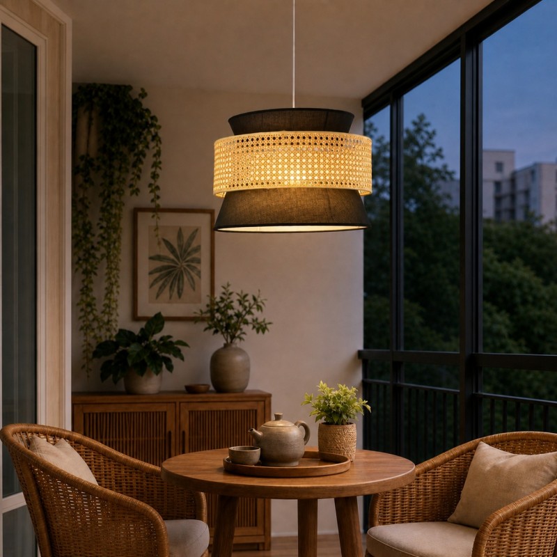 Lyzar Rustic Tiered Rattan Fabric Pendant Light