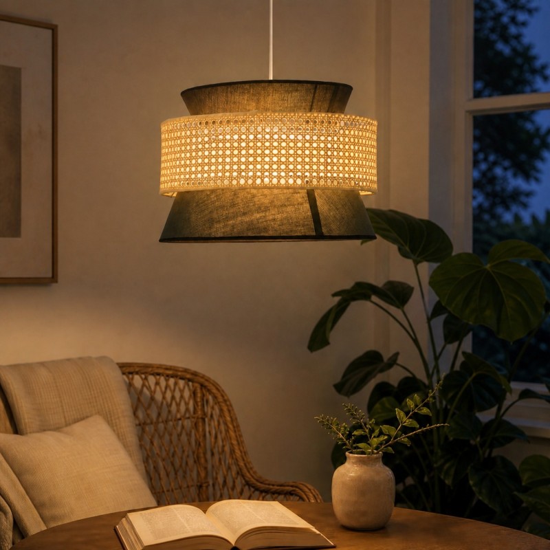 Lyzar Rustic Tiered Rattan Fabric Pendant Light