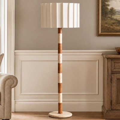 Owen Modern Pleated Fabric Striped Travertine Floor Lamp