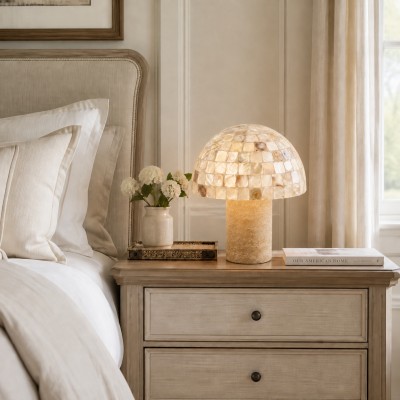 Dorian Retro Shell Mosaic Travertine Mushroom Table Lamp