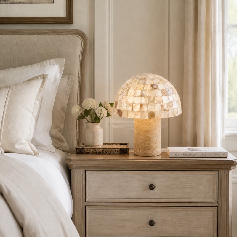 Dorian Retro Shell Mosaic Travertine Mushroom Table Lamp