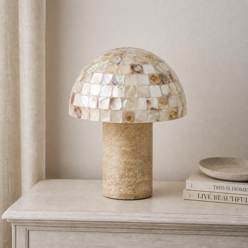 Dorian Retro Shell Mosaic Travertine Mushroom Table Lamp