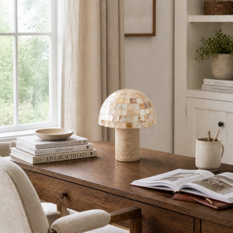 Dorian Retro Shell Mosaic Travertine Mushroom Table Lamp
