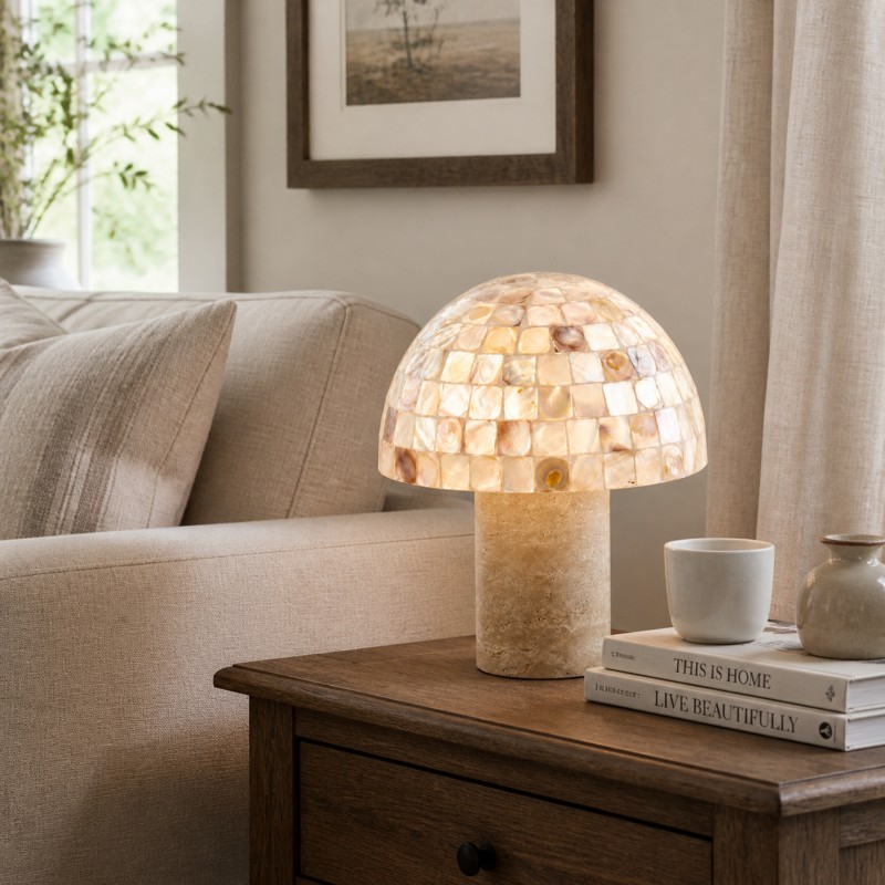 Dorian Retro Shell Mosaic Travertine Mushroom Table Lamp