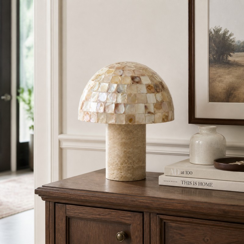 Dorian Retro Shell Mosaic Travertine Mushroom Table Lamp