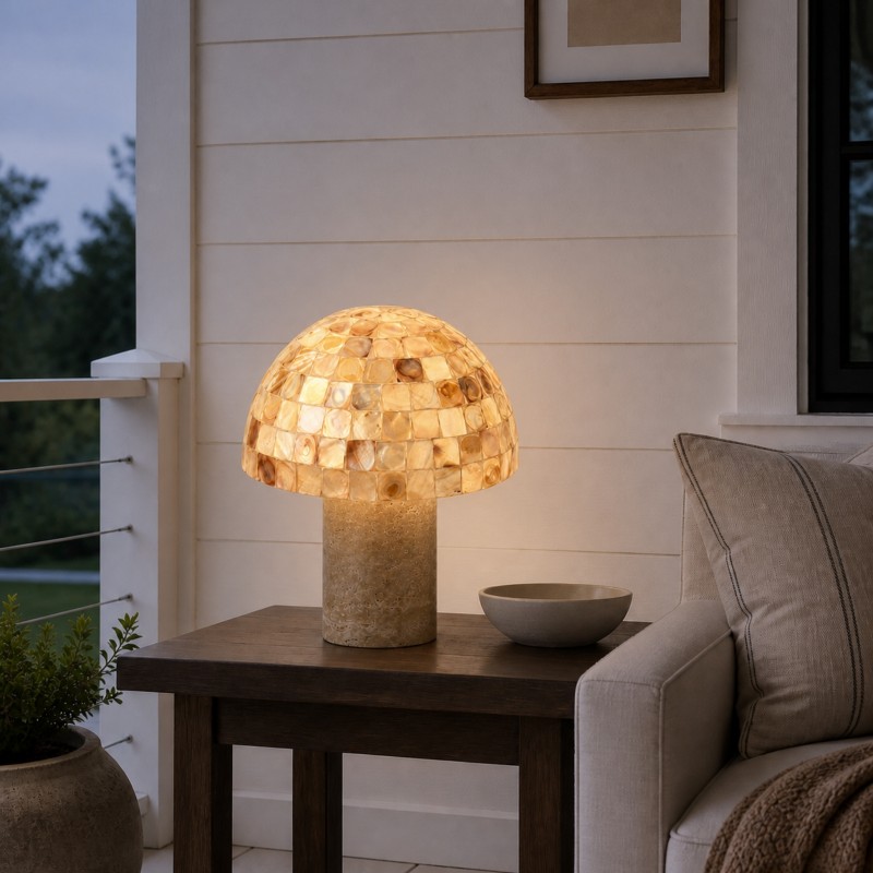 Dorian Retro Shell Mosaic Travertine Mushroom Table Lamp
