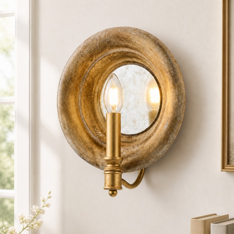 Leander American Vintage Wooden Round Wall Sconce