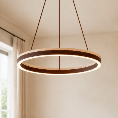 Caelan Modern LED Travertine Wood Ring Chandelier