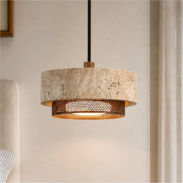 Calista Modern Travertine Metal Mesh Drum Pendant Light