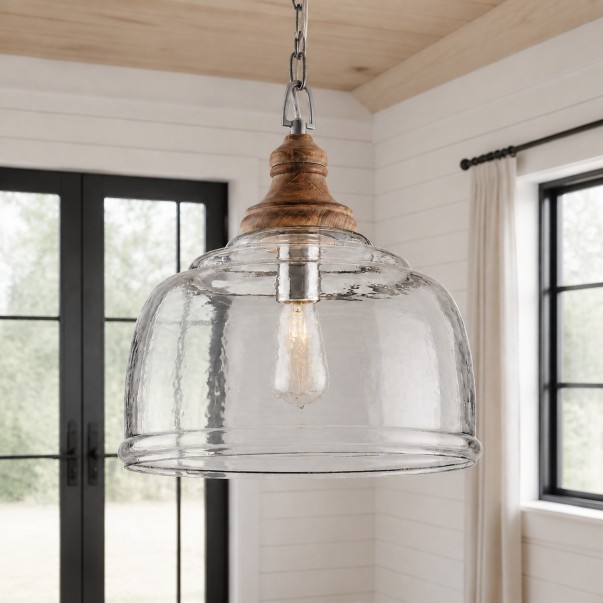 Alexander Farmhouse Wood Accent Clear Glass Pendant Light
