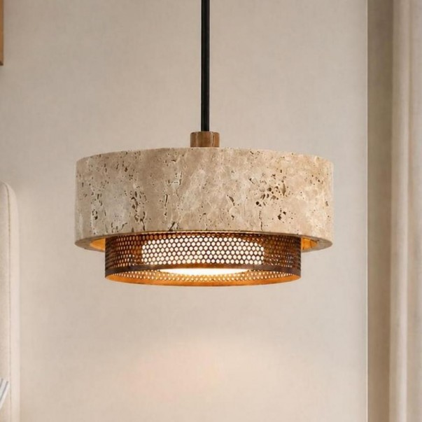 Calista Contemporary Travertine Metal Mesh Drum Pendant Light